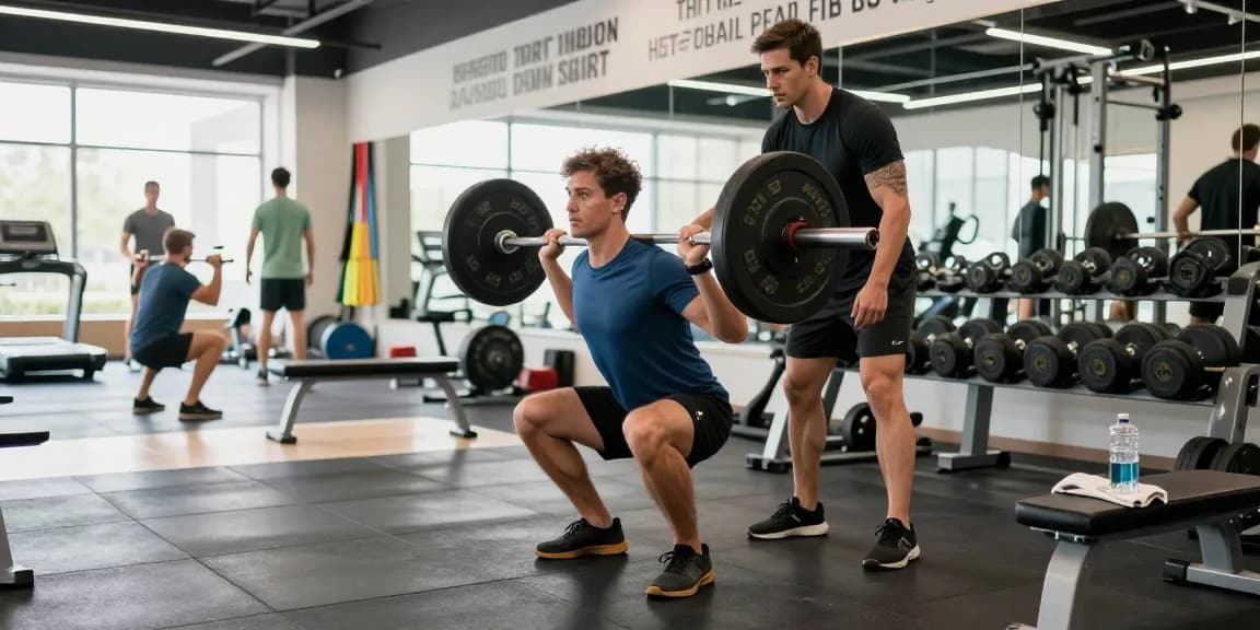 Anabolika Shop Deutschland mit einem motivierten Sportler im Training in einem lebhaften Fitnessstudio, Kniebeugen mit der Langhantel, die Hingabe zum Muskelaufbau veranschaulichen.