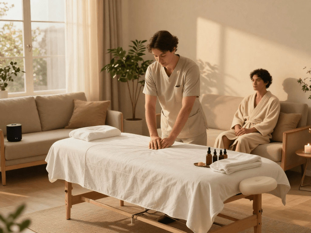 High-quality 영등포출장안마 service in a tranquil home setting with a professional therapist preparing for a massage.