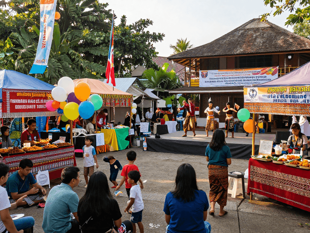 Festival budaya yang meriah dengan suasana kangbet, keluarga dan teman berkumpul sambil menikmati makanan lokal.