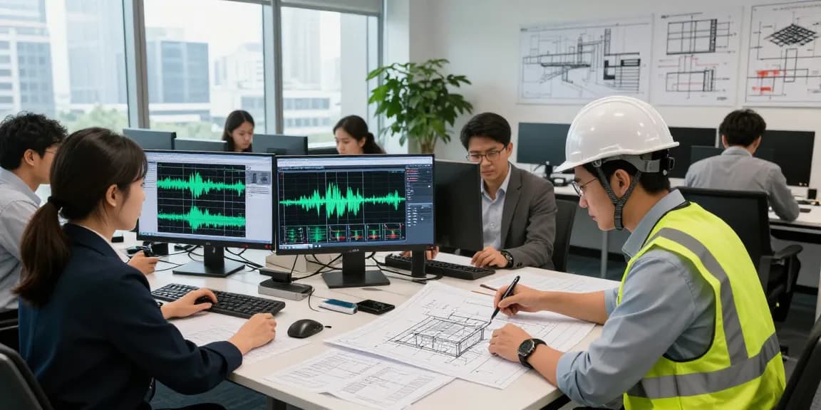 Seismic Design Engineer Canada collaborating on structural blueprints in a modern office with advanced software.