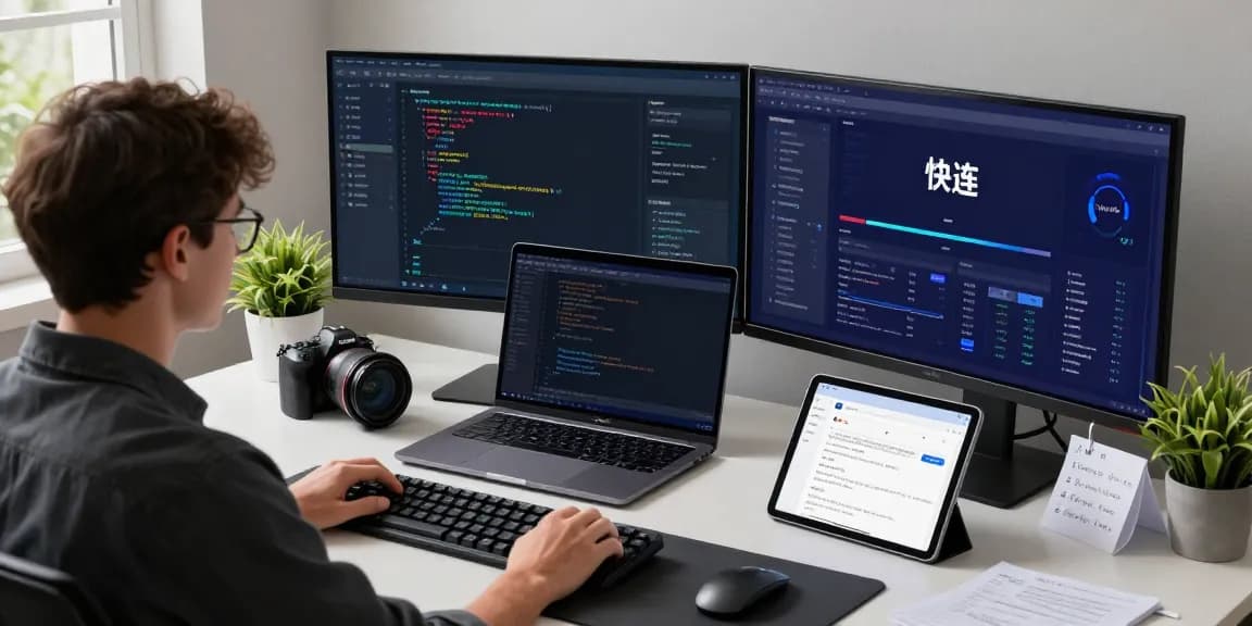 Focused professional demonstrating 快连 network performance analytics in a modern workspace.