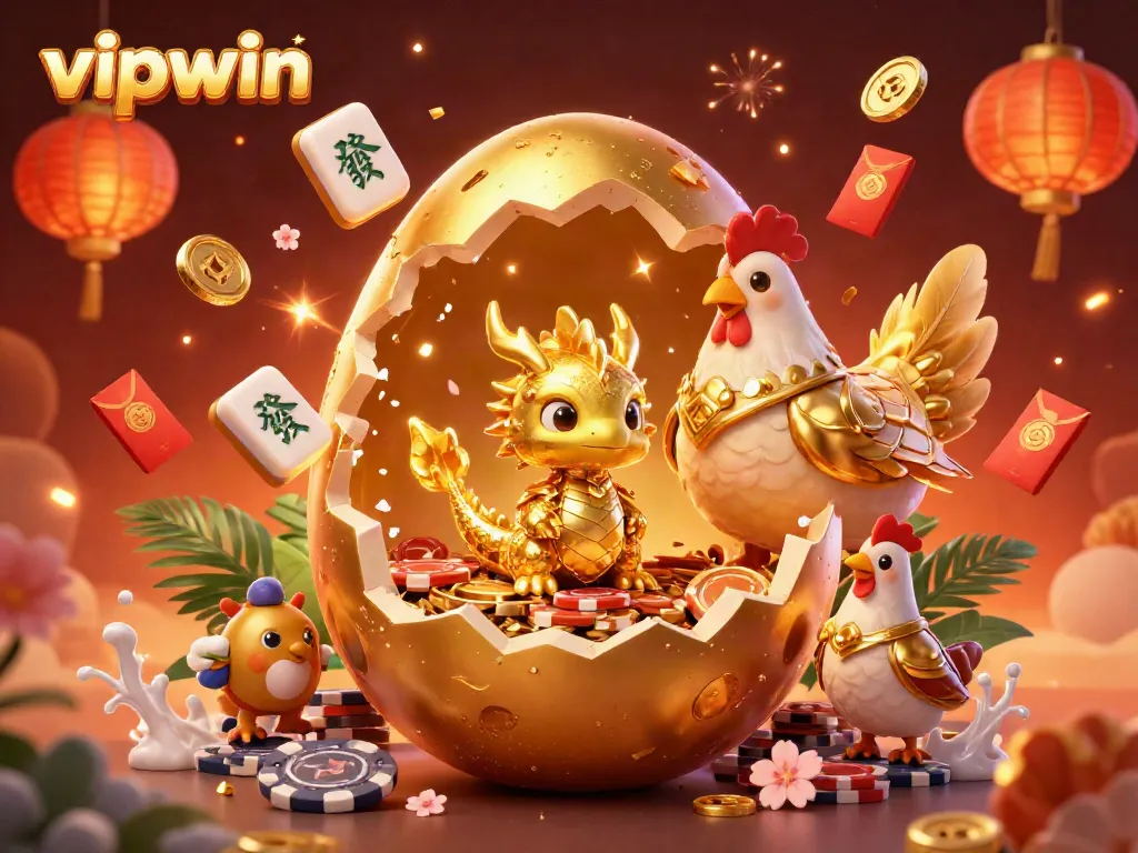 Engage with vipwin's thrilling gambling experience as a golden dragon emerges from a nest of poker chips.