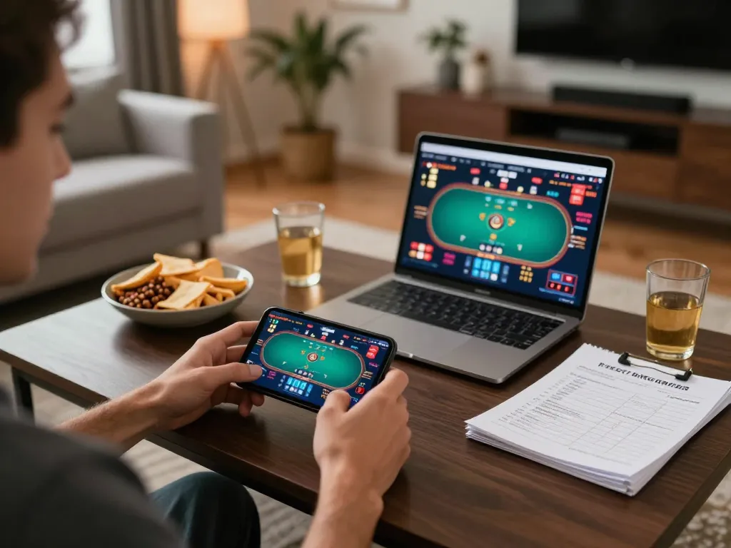 Player engaged in a mobile poker game on Jun88, showcasing strategic gameplay in a cozy home setting.