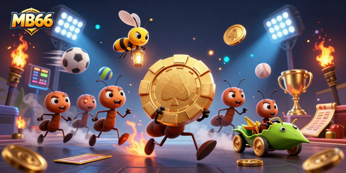 MB66 showcases ants in a heist with a giant poker chip, reflecting dynamic gambling excitement.