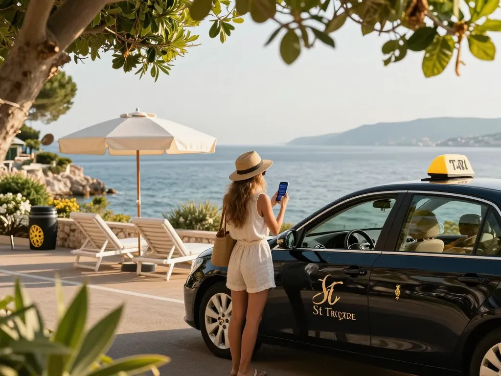 Trajet en Taxi St Tropez avec un voyageur élégant surplombant la vue méditerranéenne.