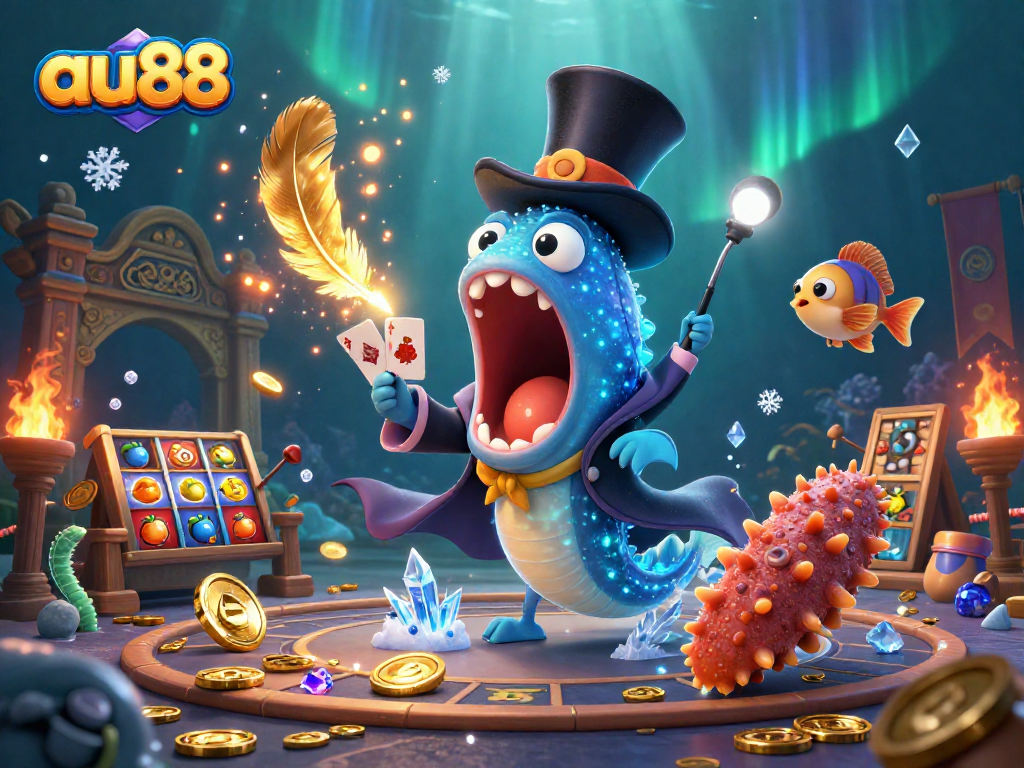Experience the thrill of au88 with a lively 3D underwater scene featuring casino elements, vibrant characters and dynamic action.