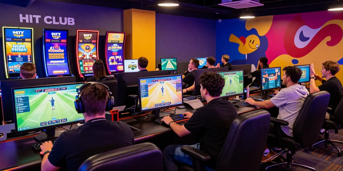 Exciting HIT CLUB gaming scene with players enjoying card games, live casino, and sports betting in a vibrant atmosphere.