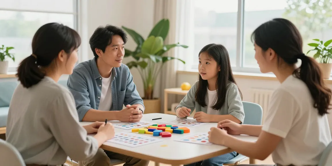 Practitioners explaining ABA principals to a family in a warm therapy room.