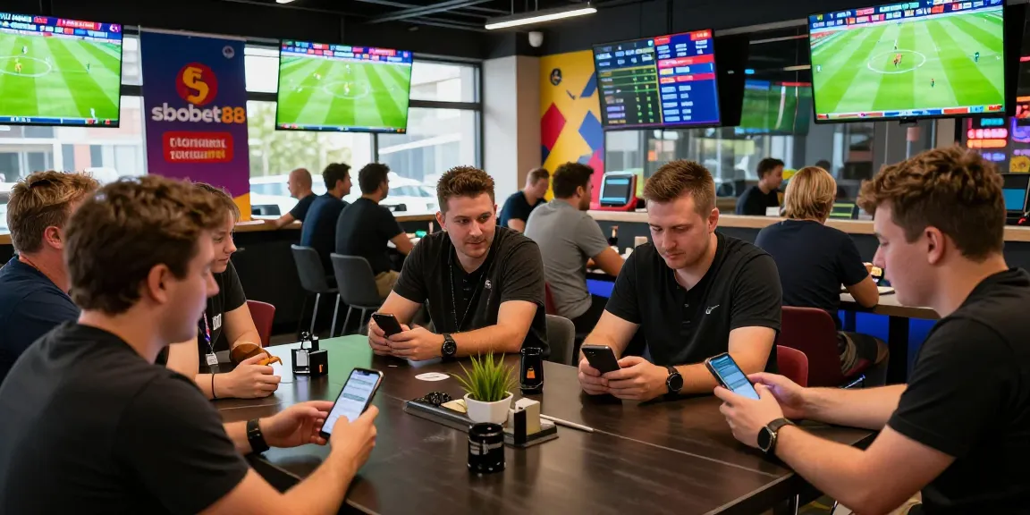 Penggemar taruhan sbobet88 berdiskusi di lounge modern sambil melihat statistik dan peluang.