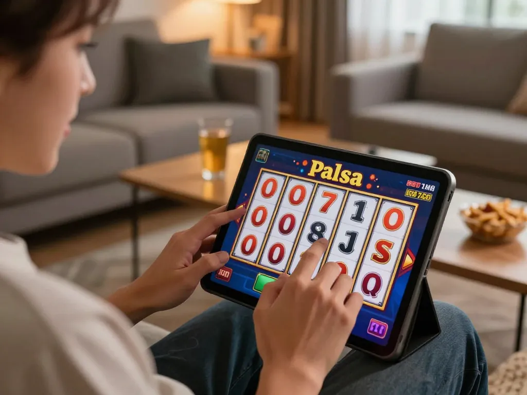 Engaging scene of online slot pulsa gaming with excited player celebrating a win.