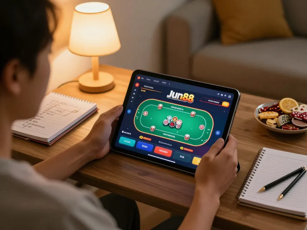 Engaging in online gaming at Jun88, person using tablet with poker interface in cozy setting