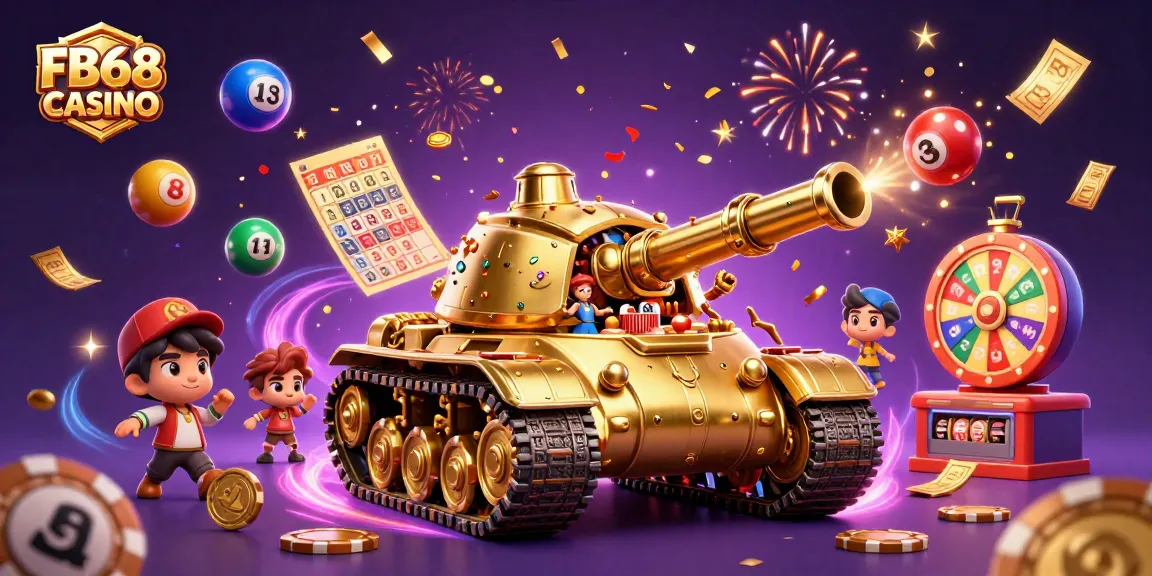 Experience excitement with FB68 CASINO's golden beetle tank casino illustration featuring dynamic lottery elements.