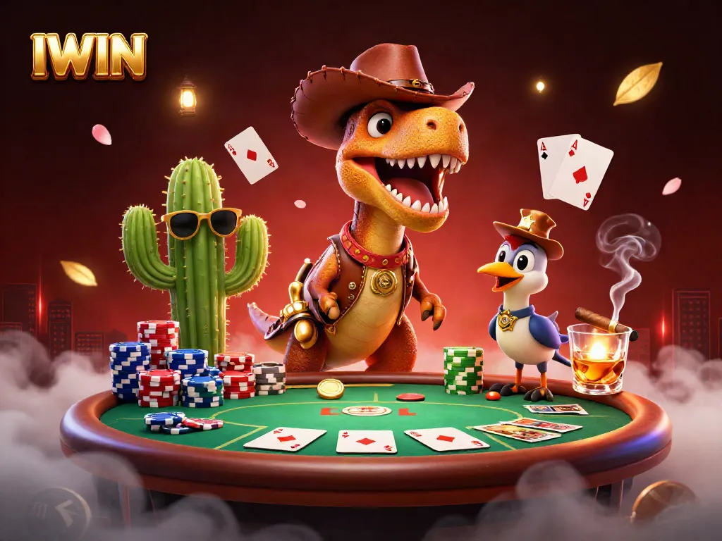 IWIN showcases thrilling poker action with a T-Rex cowboy and friends at a dynamic casino scene