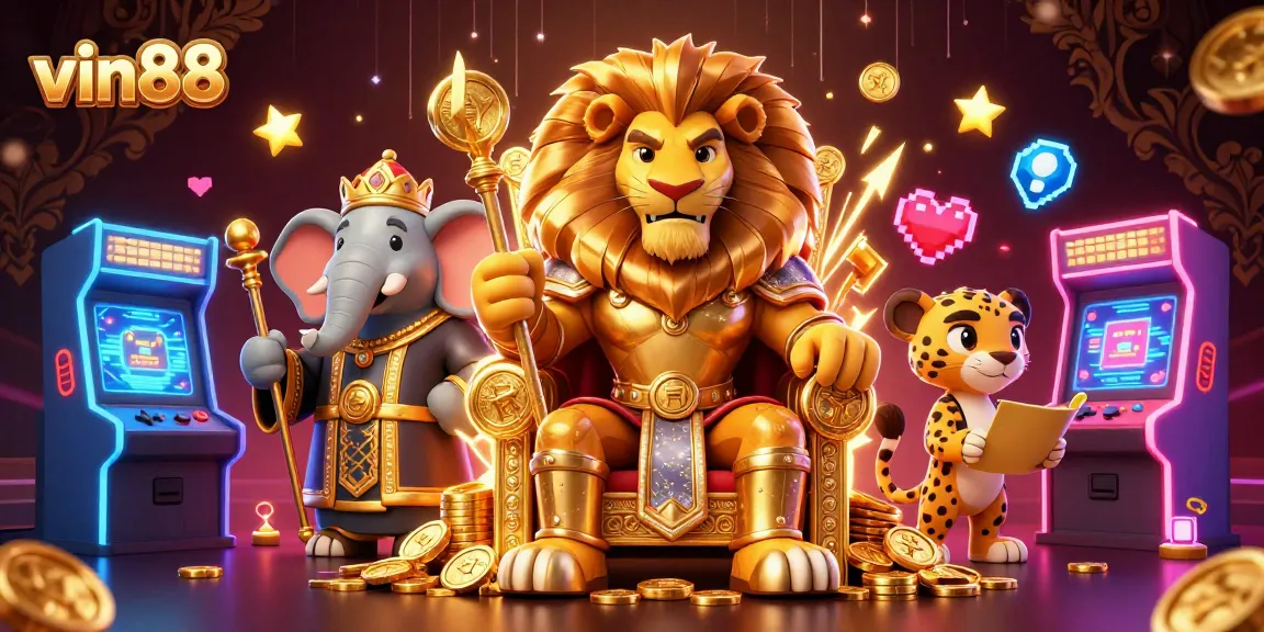 Join the thrilling action at vin88, where a fierce lion king sits among the riches in a vibrant digital casino.