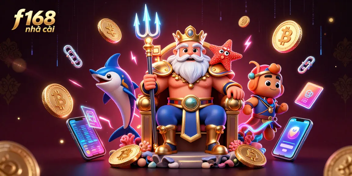 Join the fun at f168 nhà cái with Neptune, samurai, and vibrant crypto elements in an action-packed gaming scene.