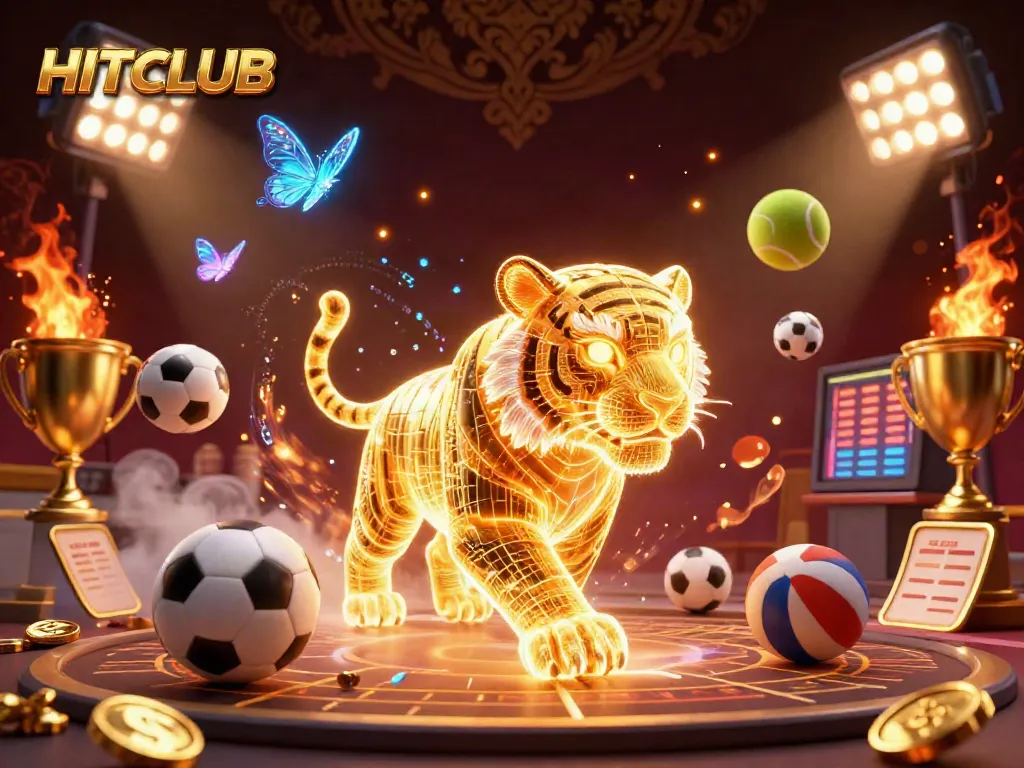 Experience the HITCLUB excitement in this vibrant 3D casino scene featuring dynamic sports elements.