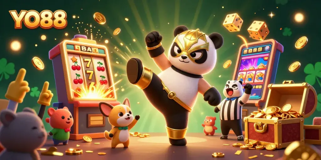 YO88 themed 3D illustration with a wrestling panda and casino elements creating excitement.