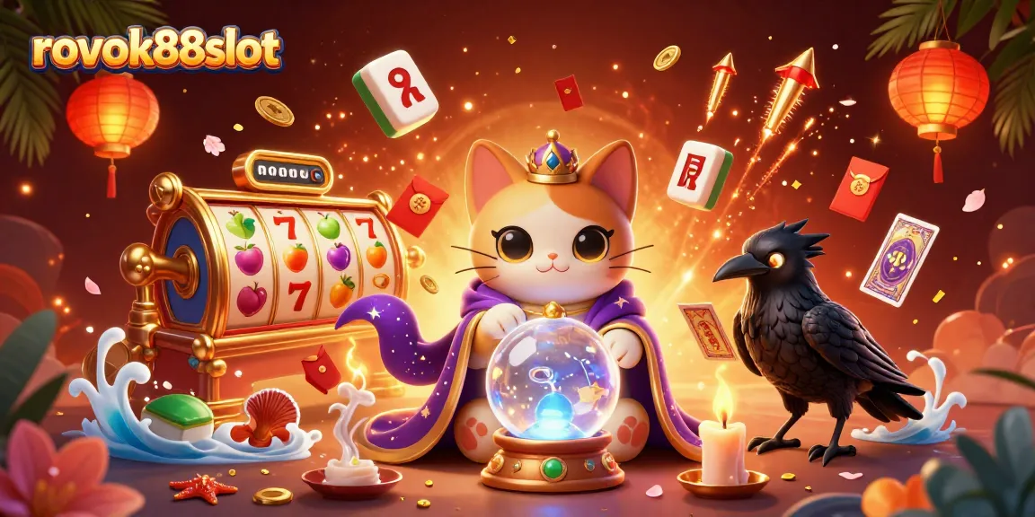 Engage with rokok88slot's vibrant slot scene featuring a mystical cat, ravens, and rich gaming elements.