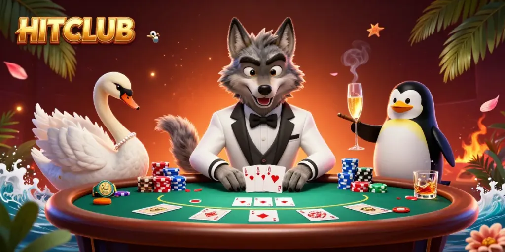 Play at HITCLUB with animated characters in a rich casino scene featuring cards, chips, and luxury.