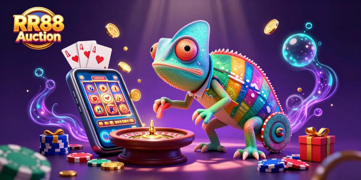 Join RR88 Auction for exciting gameplay, featuring a chameleon casino owner and dynamic slot games.