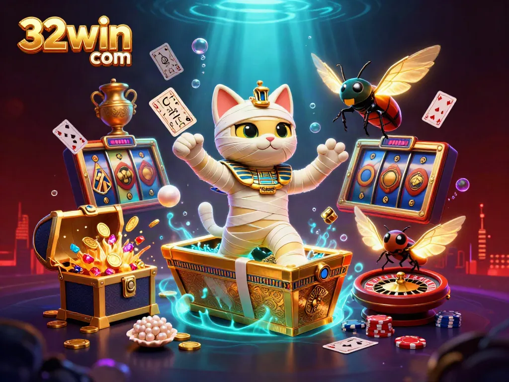 Experience thrilling gameplay at 32win com with an exciting casino-themed scene featuring a mummy cat and golden treasures.