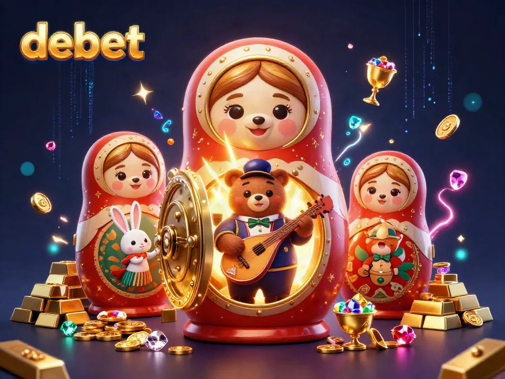 Experience the excitement of debet gaming with a festive 3D casino scene brimming with characters and treasures.