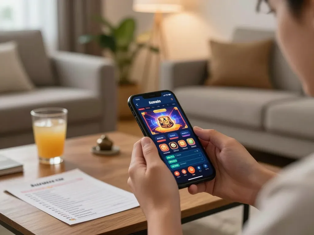 Player enjoying Sunwin online casino app on smartphone with relaxed atmosphere.