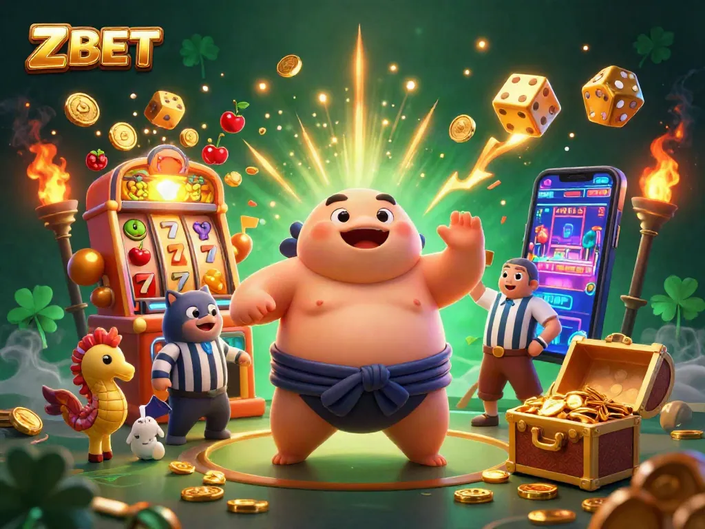 ZBET casino scene featuring a cartoon blowfish and characters celebrating a jackpot win at a slot machine.