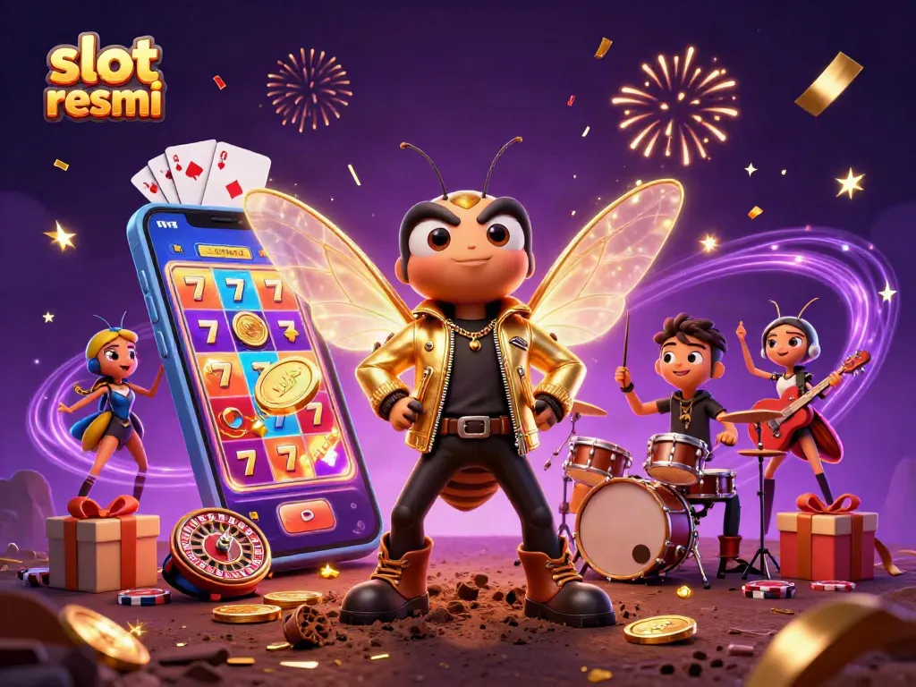 Experience the thrill of slot resmi with a vibrant 3D cartoon scene featuring a cicada rock star and engaging game elements.