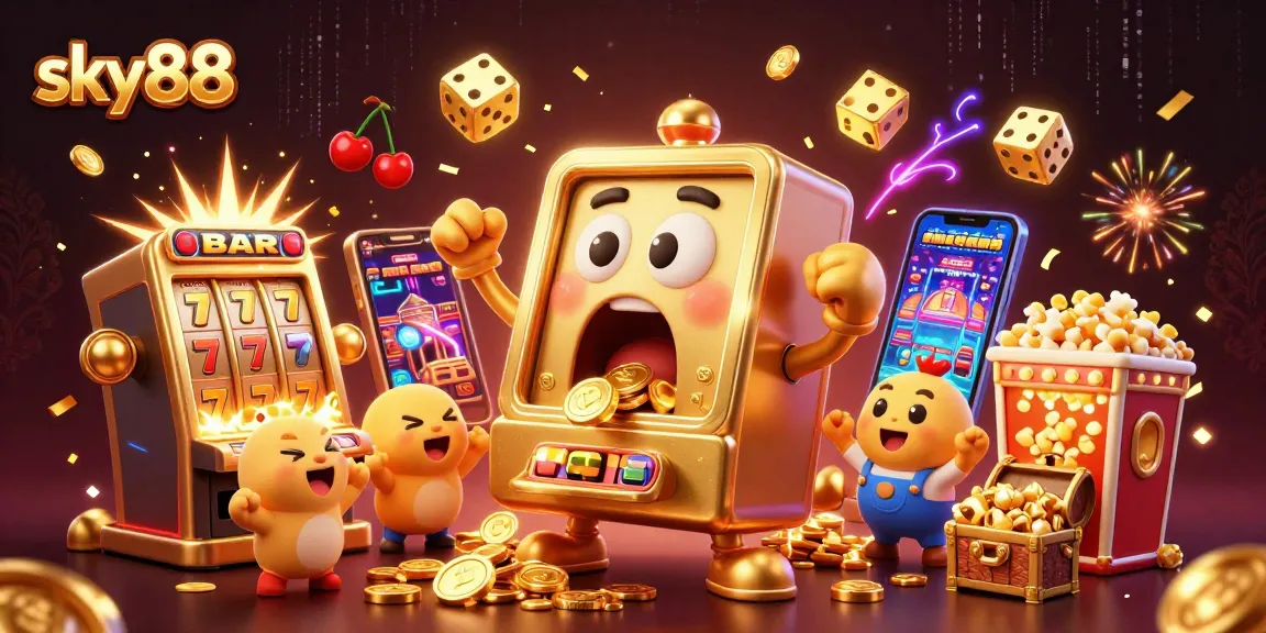 sky88 slot machine celebrates a jackpot with coins pouring out in vibrant casino scene