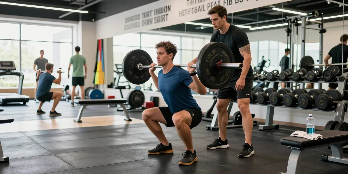 Anabolika Shop Deutschland mit einem motivierten Sportler im Training in einem lebhaften Fitnessstudio, Kniebeugen mit der Langhantel, die Hingabe zum Muskelaufbau veranschaulichen.