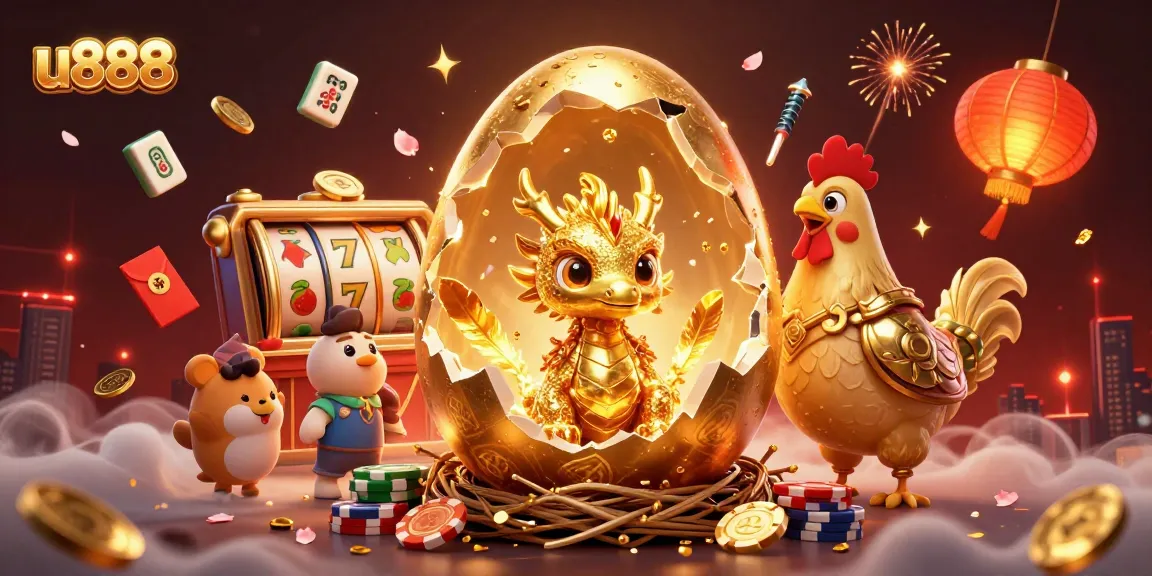 Experience the excitement of u888 with a golden dragon and vibrant casino elements, showcasing winning gameplay.