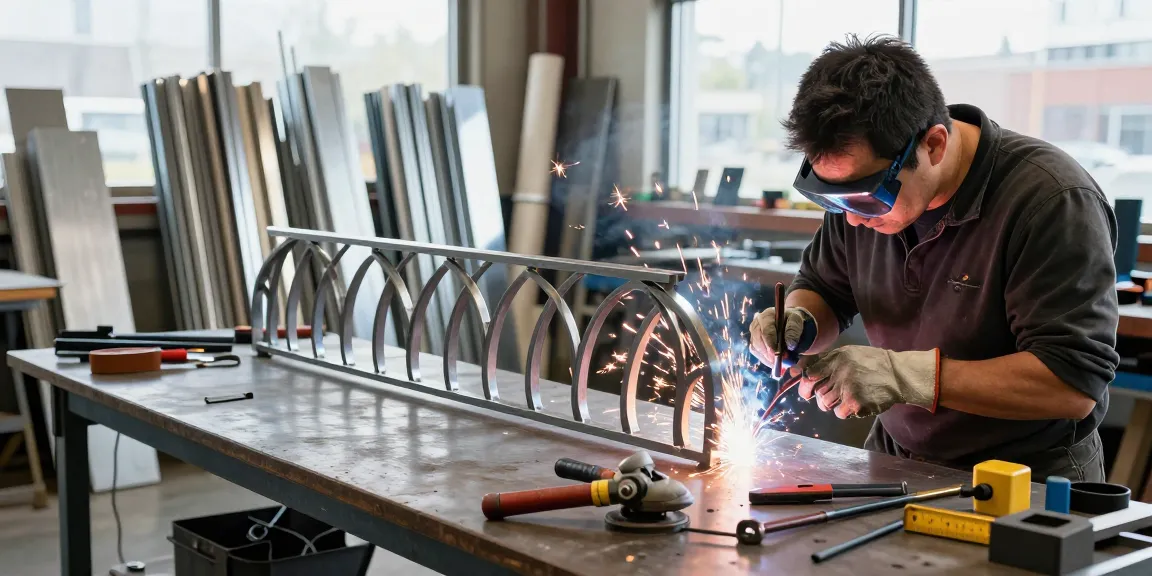 Custom metalwork Vancouver expert welding a decorative railing in a bright workshop.