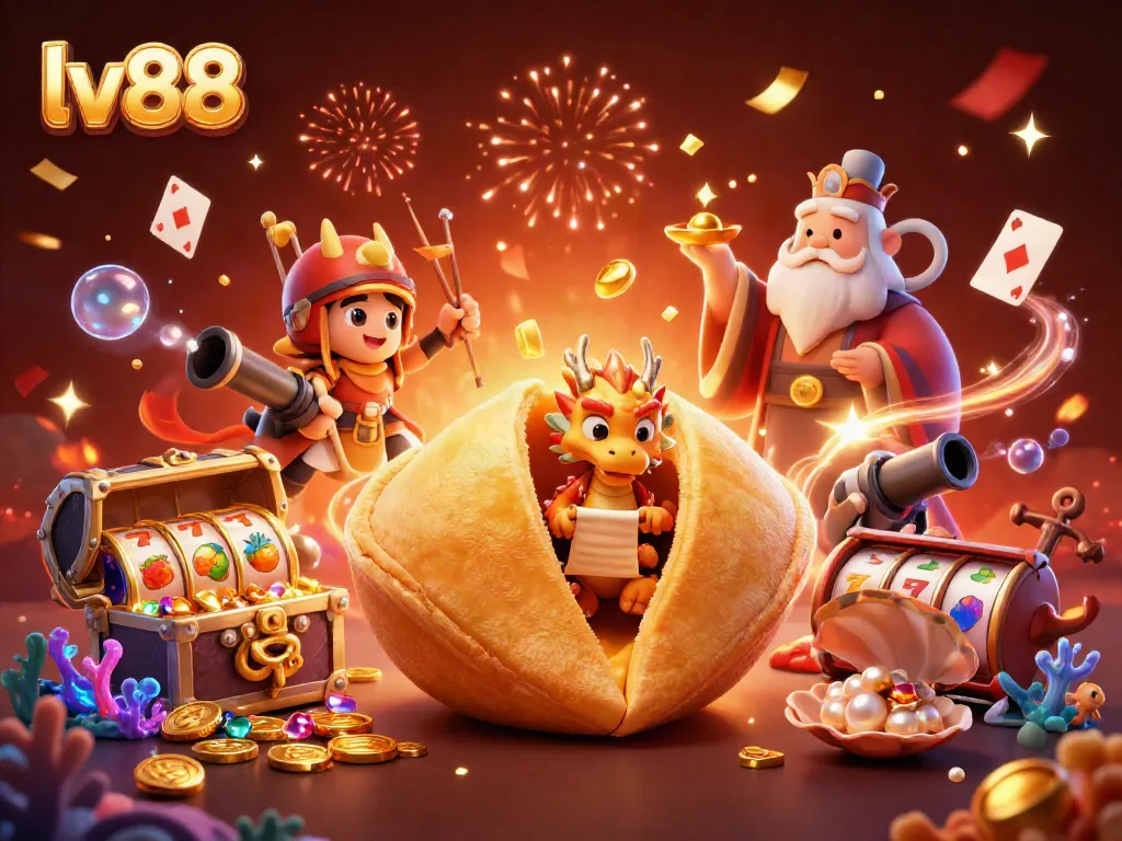 Experience the thrill of gaming at lv88 with vibrant visuals of famous slots and a dragon of fortune.