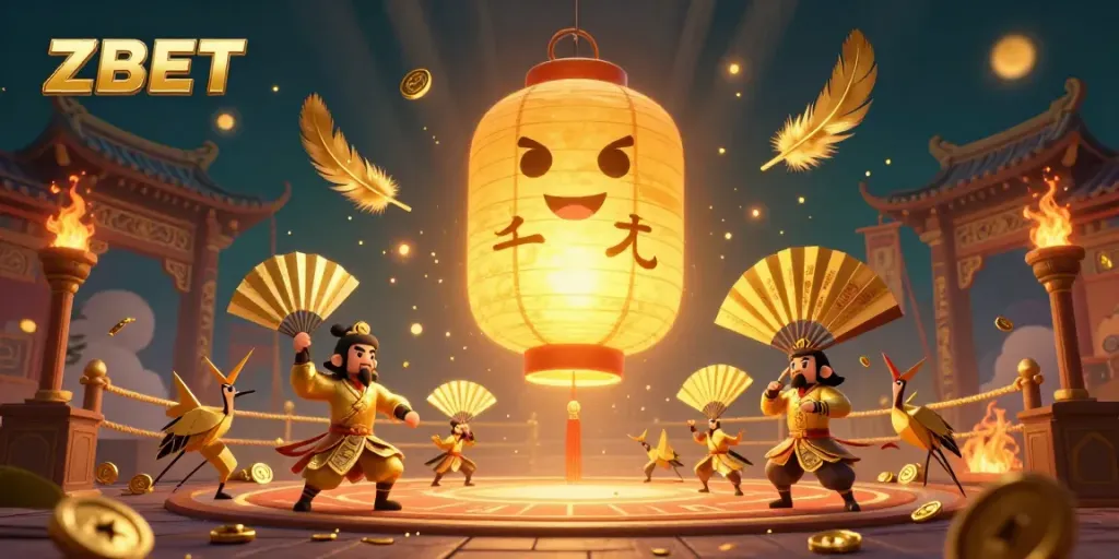 ZBET energizes gameplay with vibrant golden lanterns and lucky symbols amid a dynamic casino atmosphere.