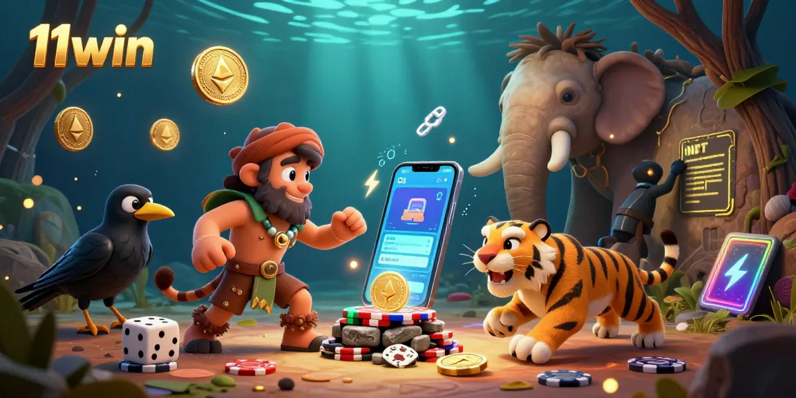 Experience the excitement of 11win's prehistoric casino with bitcoin coins and vibrant characters.