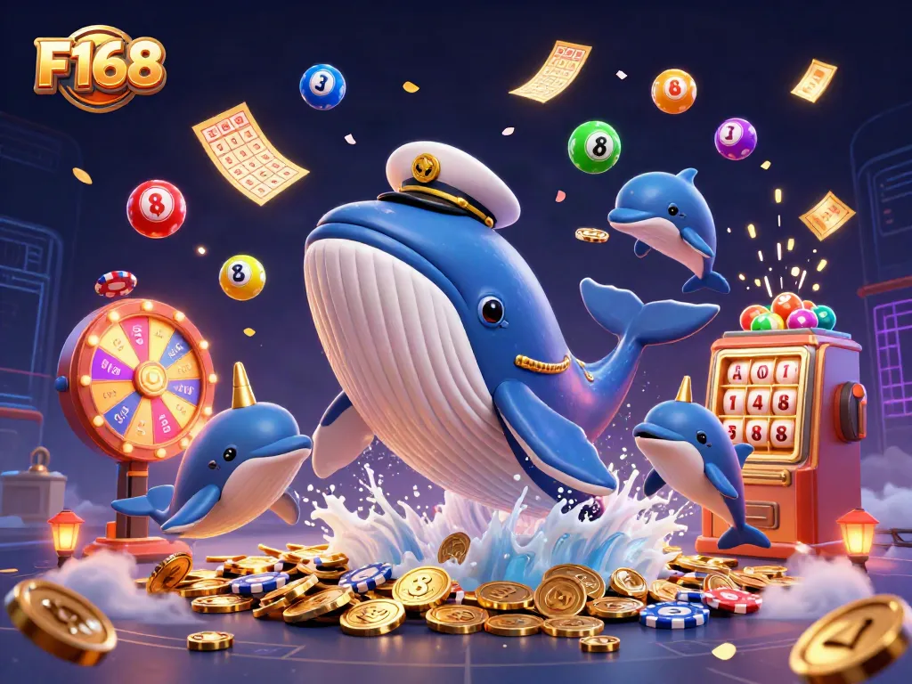 Engage with F168's exciting games as a whale emerges from coins amid playful dolphins and dynamic lottery elements.