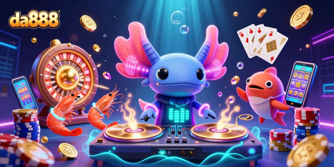 Engage with da888's vibrant casino scene featuring a neon axolotl DJ and spirited sea creature dancers.
