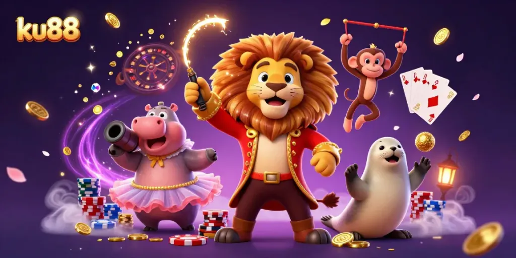 ku88 showcases a vibrant casino scene with playful characters, dynamic gaming elements, and sparkling coins, inviting players to enjoy gaming.