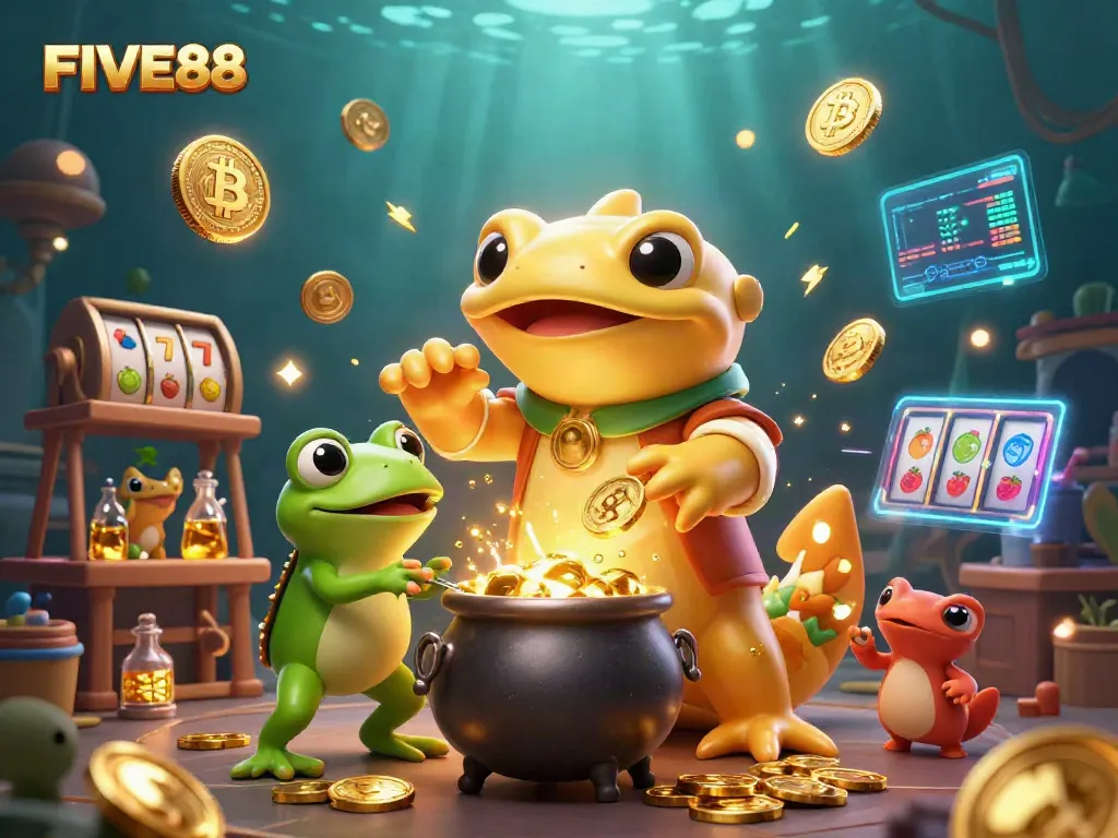 FIVE88 casino showcases a golden salamander alchemist creating gold coins amidst dynamic gambling elements.