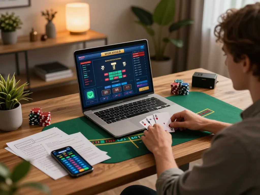 Engaging gameplay on vuabet 88 showing a user enjoying live blackjack in a cozy home setting, highlighting strategy notes.