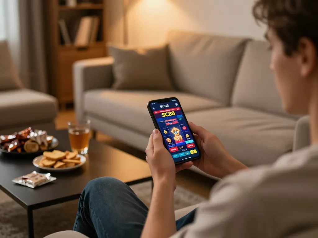Engaging in trò chơi sc88 with the mobile app at home, showcasing online gambling excitement