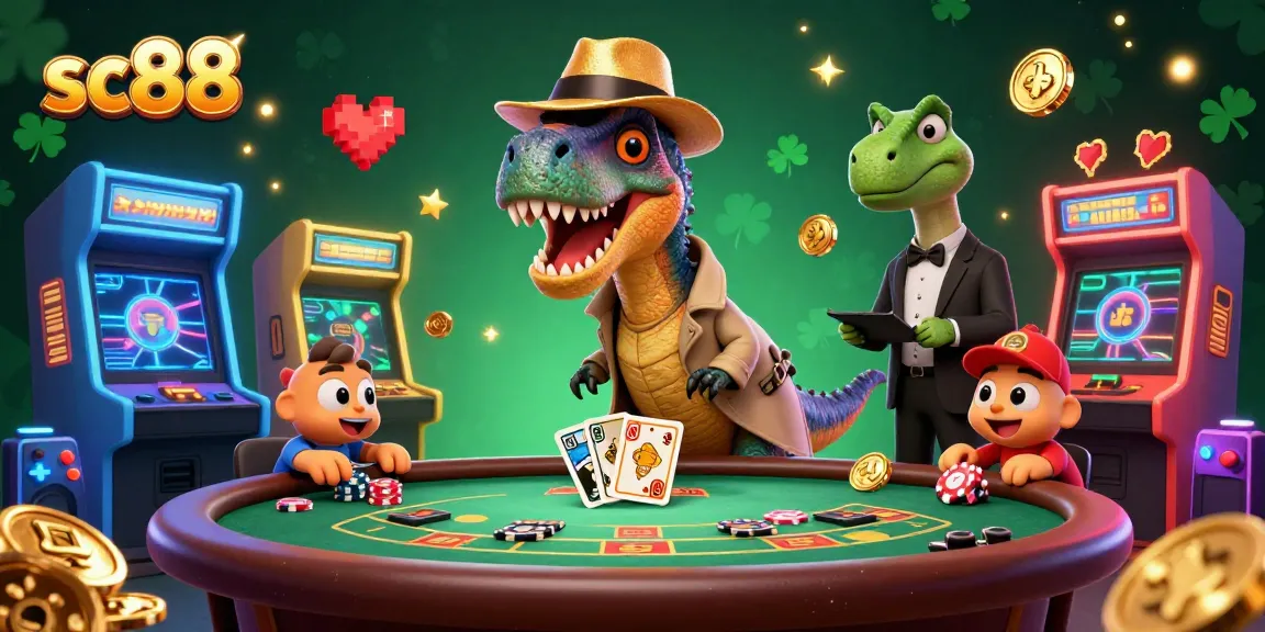 Engage in vibrant casino action at sc88 with cartoon dinosaurs and arcade machines.