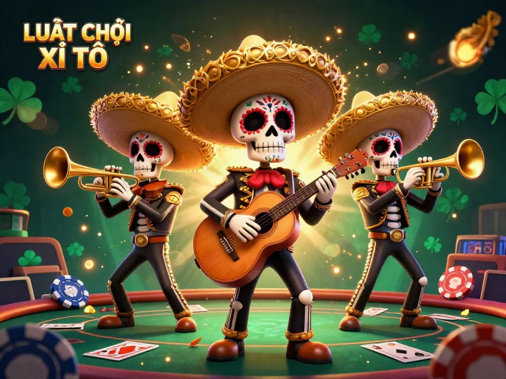 Experience LUẬT CHƠI XÌ TỐ with vibrant skeleton mariachi band amidst a lively poker scene.