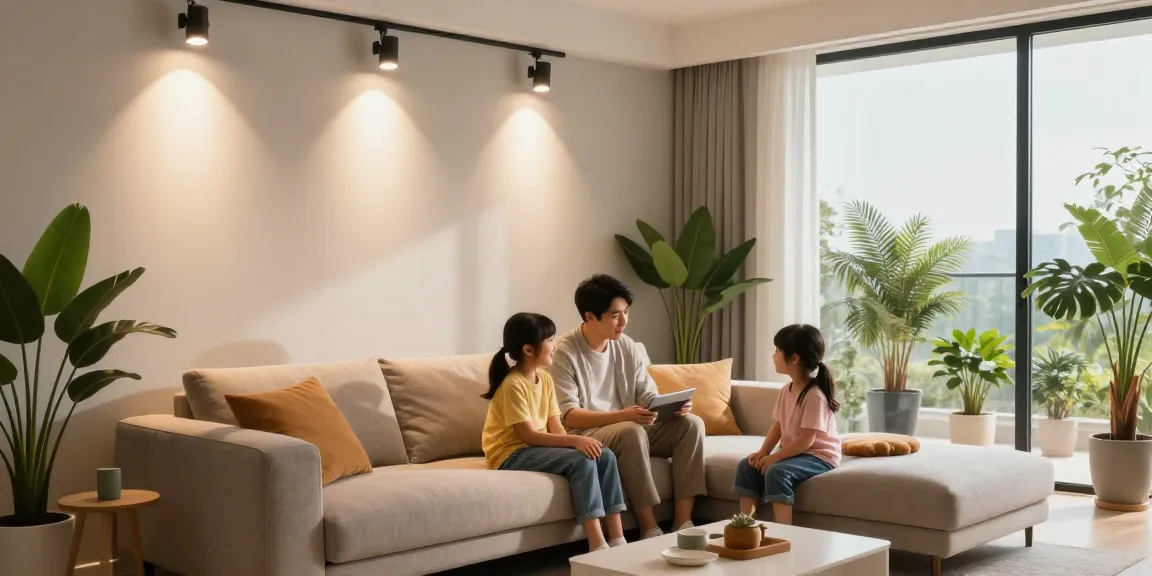 Interioare moderne iluminate cu spoturi led, creând o atmosferă primitoare pentru familie.
