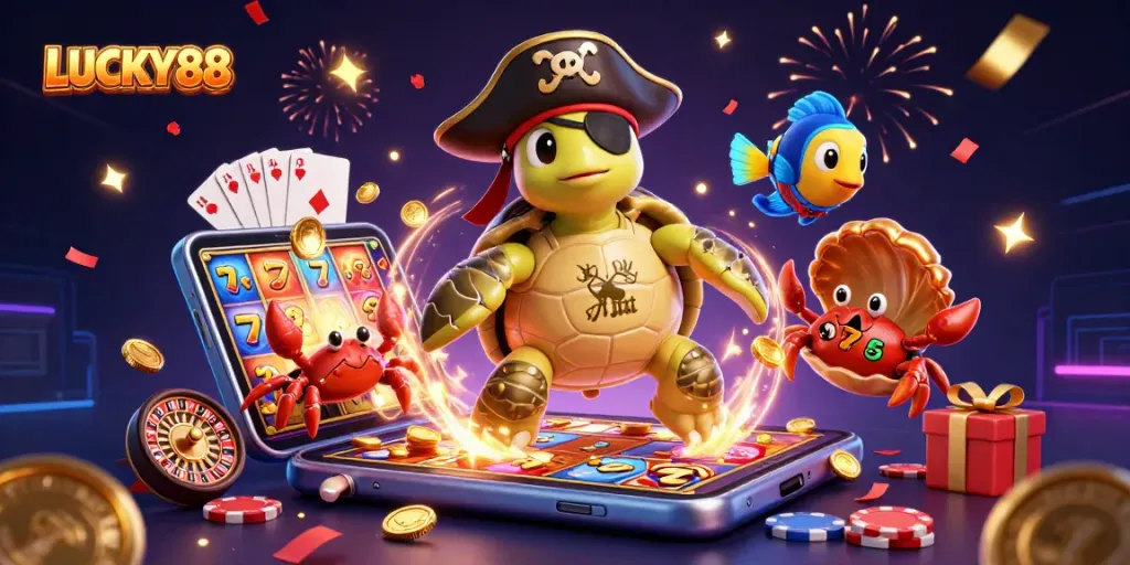 Experience the excitement of LUCKY88 with a vibrant 3D illustration featuring playful casino characters.