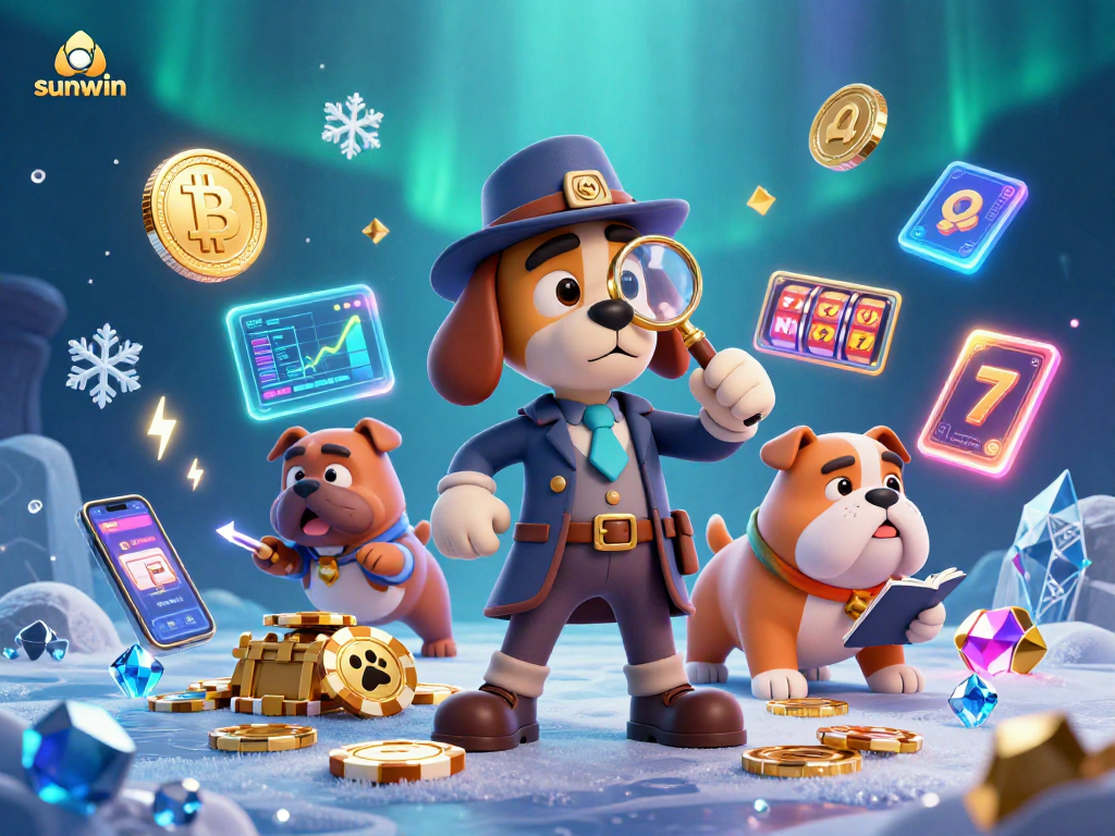 Win big with sunwin in a captivating 3D scene showcasing a detective and his bulldog companion exploring casino treasures.