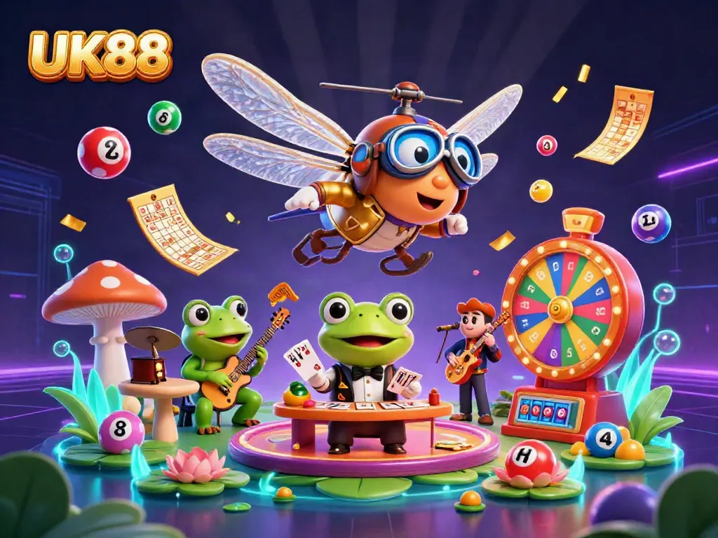 Experience UK88's vibrant gaming atmosphere with animated characters, cards, and prizes in a captivating scene.