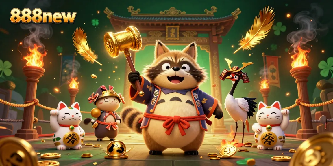 Experience luck and excitement at 888new with maneki-neko and vibrant 3D characters in a festive atmosphere.