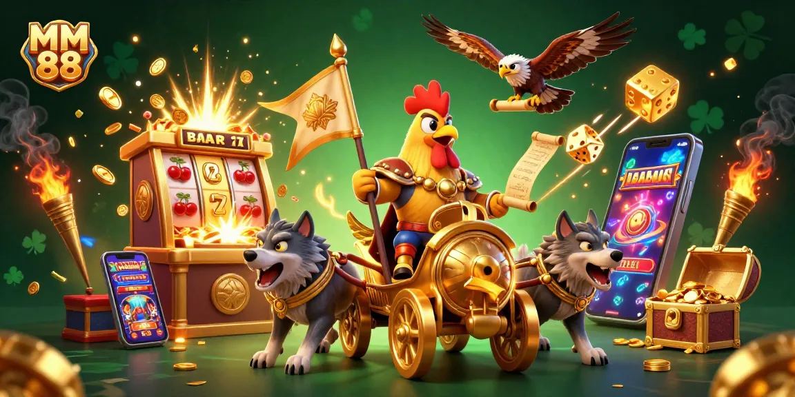 Experience the thrill of MM 88 with a vibrant jackpot celebration featuring a rooster warlord and golden treasures.